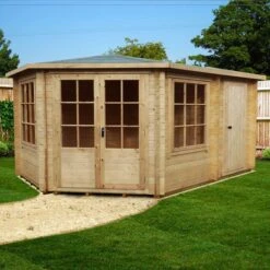 Shire Rowney 4.3m X 3m Corner Log Cabin Summerhouse With Side Shed (28mm)