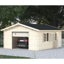 Palmako Roger 4.5m X 5.5m Extra Wide Log Cabin Single Garage (44mm) - Up And Over Door