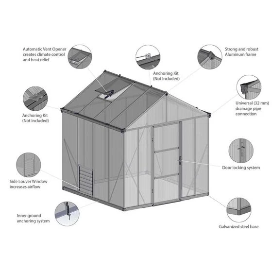 8'x8' Palram Canopia Glory Grey Walk In Polycarbonate Greenhouse (2.4x2.4m) - Image 15