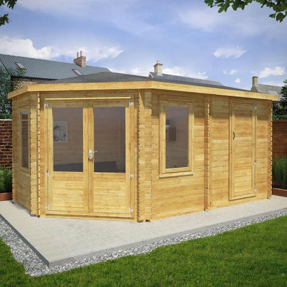 Mercia 5m X 3m Corner Log Cabin Plus Side Shed (28mm) – Double Glazed