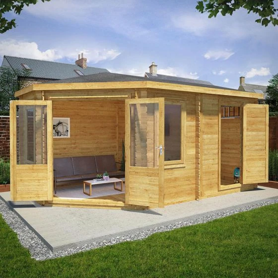 Mercia 5m X 3m Corner Log Cabin Plus Side Shed (28mm) – Double Glazed - Image 2