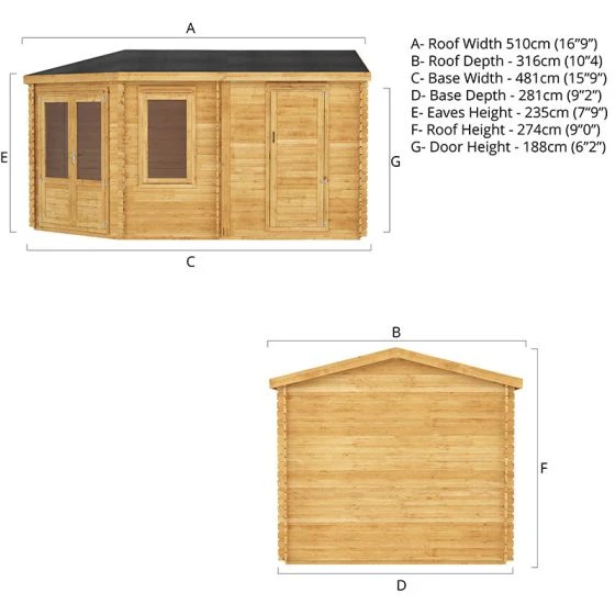 Mercia 5m X 3m Corner Log Cabin Plus Side Shed (34mm) – Double Glazed - Image 4