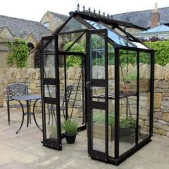 4' X 4' Halls Cotswold Birdlip Small Greenhouse In Black With Toughened Glass (1.47m X 1.32m)